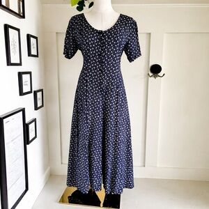 Vintage 90s Navy Floral Midi Dress | Pellini Button Front Rayon